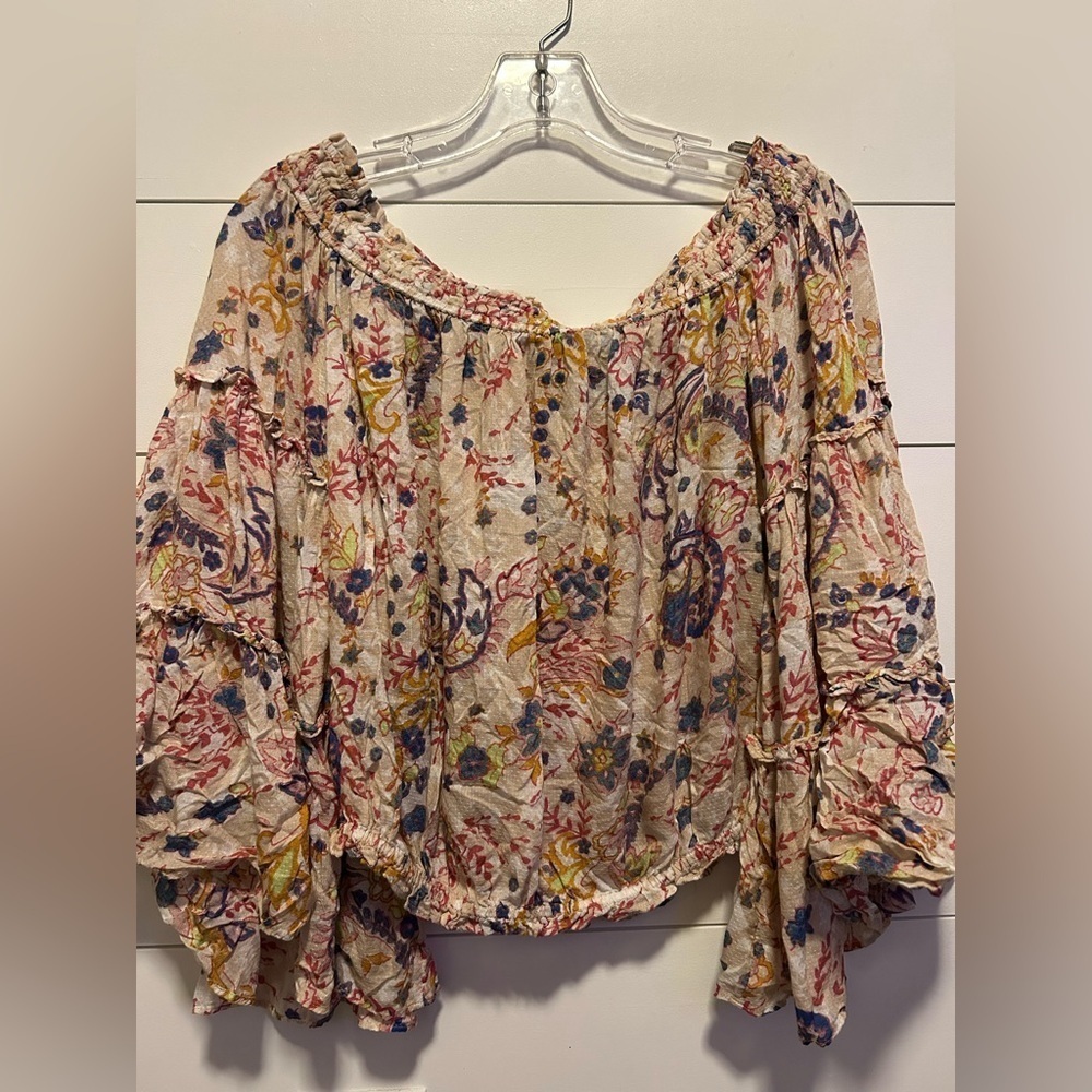 Free People Floral Off-Shoulder Blouse - Cream and Blue